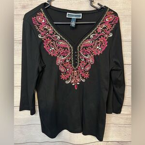 Karen Scott Embroidered Boho Black Top Size M